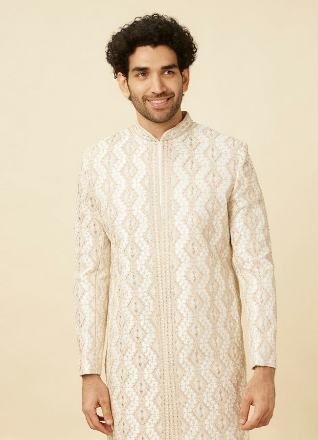 Pearled Ivory White Diamond Patterned Sherwani Set image number 0